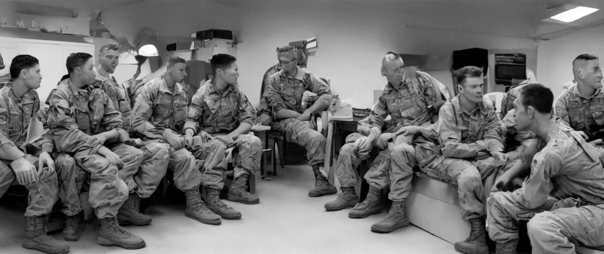 Prompt: filmic extreme wide shot movie still 4 k uhd interior 3 5 mm film color photograph of a group of soldiers relaxing in a break room in a secret military lab having a conversation