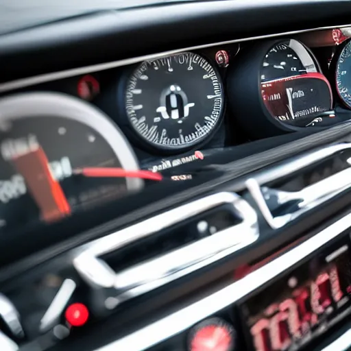 Image similar to photograph of a dashboard with very high rpm, sports car, reflections