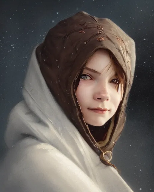 Image similar to Close-up portrait of smiling young nordic girl wearing hood, dark fantasy, portrait, highly detailed, digital painting, artstation, concept art, sharp focus, illustration, art by artgerm and greg rutkowski and alphonse mucha