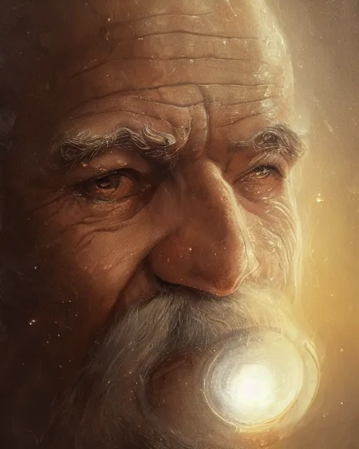 Image similar to An old man looking in a golden mirror, beautiful face, highly detailed face, close-up, fantasy art, male art, in the style of greg rutkowski, illustration, epic, fantasy, intricate, hyper detailed, artstation, concept art, smooth, sharp focus, ray tracing