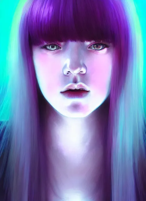 Image similar to hair whitebangs hair, black hair, blackbangswhitehair, portrait of teenage girl with white bangs, red irises, purple clothes, white bangs, bangs are different color from hair, intricate, elegant, glowing lights, highly detailed, digital painting, artstation, concept art, sharp focus, illustration, art by wlop, mars ravelo and greg rutkowski