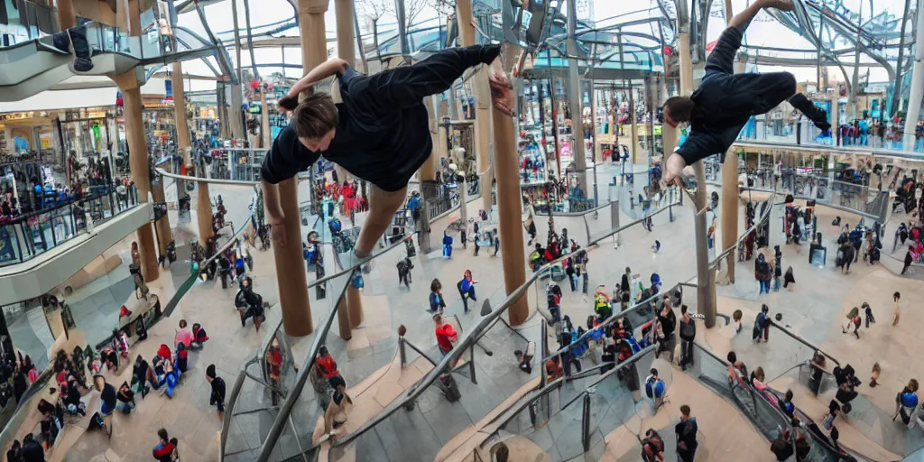 Image similar to practicing parkour in the mall of america, telephoto lens