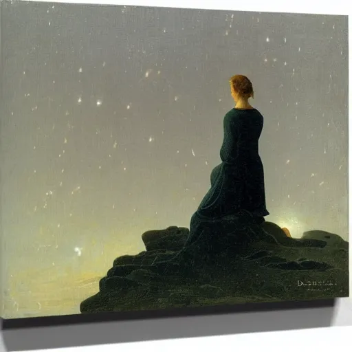 Prompt: woman sitting on wall looking at the ocean. lighthouse. stars. fireflies. winter. caspar david friedrich