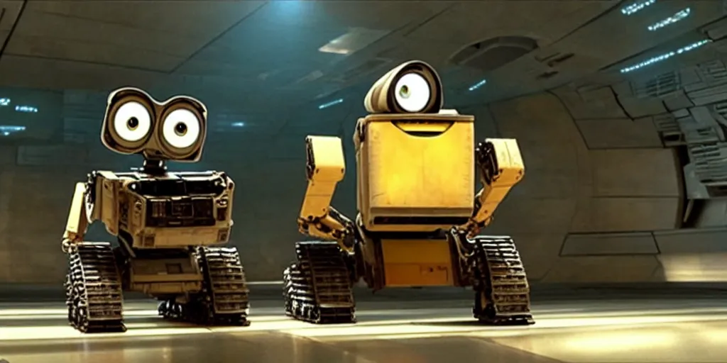 Prompt: wall - e in big datacenter shot from george lucas movie