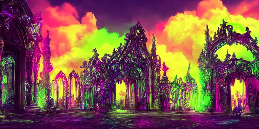 Prompt: [ palate ] [ electric neon colors ] alien soul spirits congregating in front of an intricate giant gothic gateway, god figure waiting behind the gate, vibrant neon nebulous clouds, paisley pattern clouds, hyper realistic illustration, radiant synapse light rays, photorealistic illustration, intricate and fine details, volumetric lighting, artstation