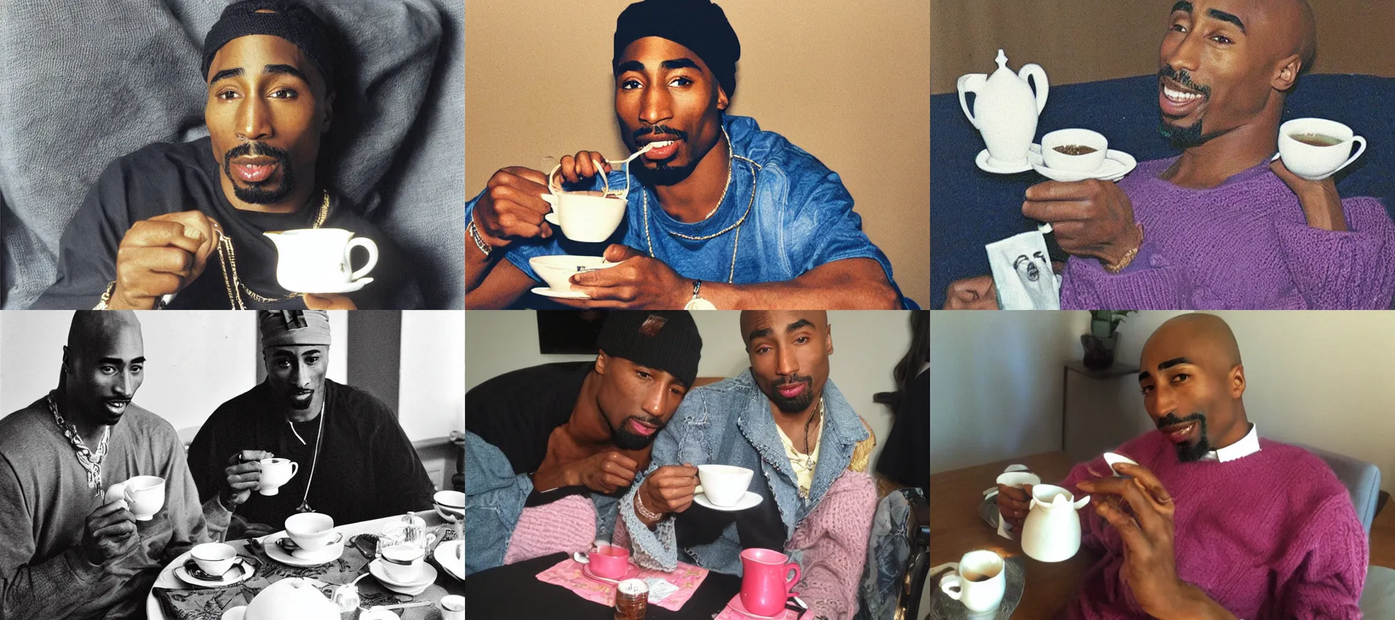 Prompt: tupac enjoying tea and knitting