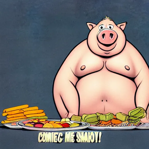 Image similar to comic art of a obese pig sitting on snacks, drawn by Bruce MacKinnon, vivid color, cgsociety 4K