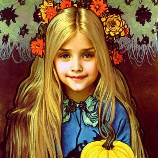 Image similar to a happy little girl with long straight golden blonde hair sitting amidst halloween decor, skulls and pumpkins. beautiful highly detailed face, beautiful painting by alphonse mucha
