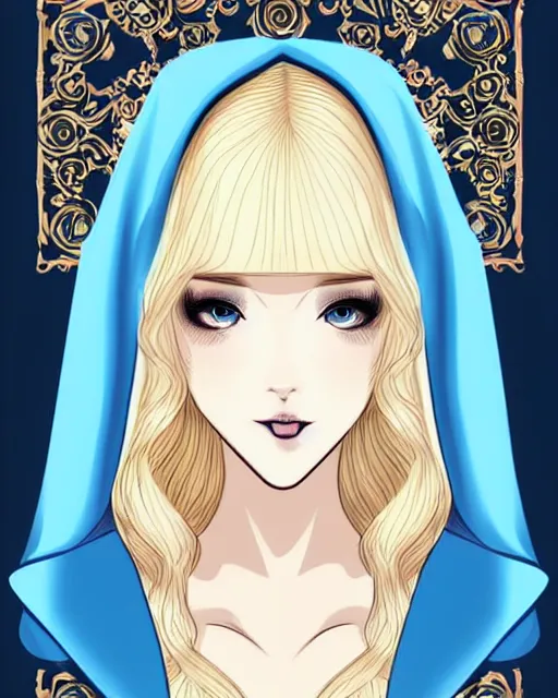 Prompt: a blonde woman wearing a blue veil and blue robes with ornate patterns, webcomic style | | very very manhwa!!!, fine - face, realistic shaded perfect face, fine details. manhwa. realistic shaded lighting poster