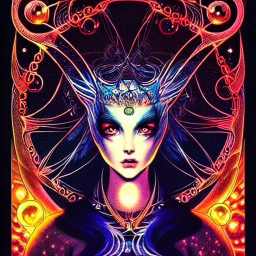 Prompt: a symmetrical portrait of a mystical feminine creature with glowing energies and particals, metal scales, surrounded by spirits, gloomy cinematic lighting, highly detailed, illustrated novel, by artgerm and miura and druillet