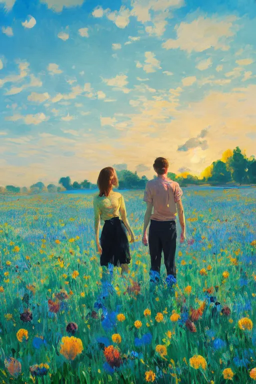 Prompt: closeup, young couple, standing in a field of flowers, surreal photography, sunrise, blue sky, dramatic light, impressionist painting, digital painting, artstation, simon stalenhag, edouard manet,