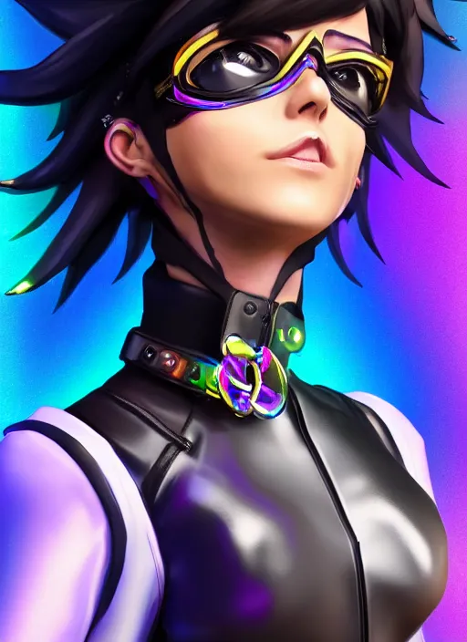 Image similar to portrait bust digital artwork of tracer overwatch, wearing black iridescent rainbow latex, 4 k, expressive happy smug expression, makeup, in style of mark arian, angel wings, wearing detailed black leather collar, chains, black leather harness, detailed face and eyes,