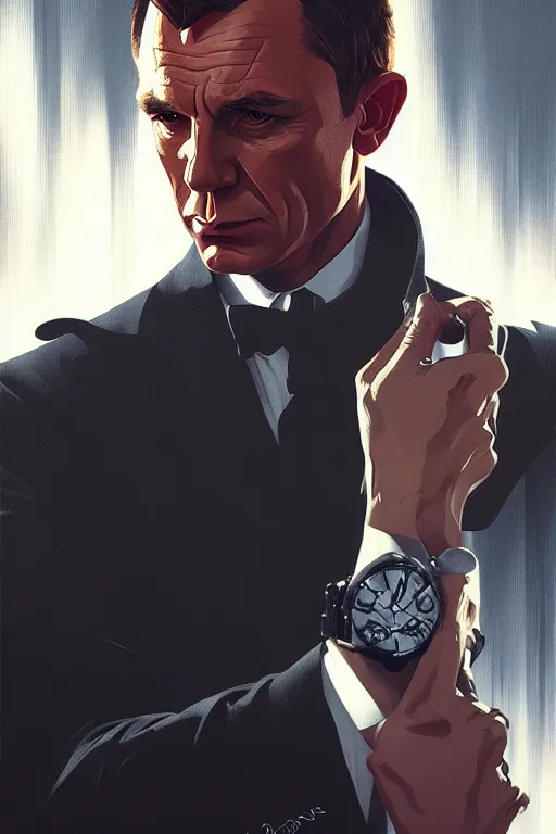 Prompt: a portrait of james bond, fantasy, sharp focus, intricate, elegant, digital painting, artstation, matte, highly detailed, concept art, illustration, ambient lighting, art by ilya kuvshinov, artgerm, alphonse mucha, and greg rutkowski