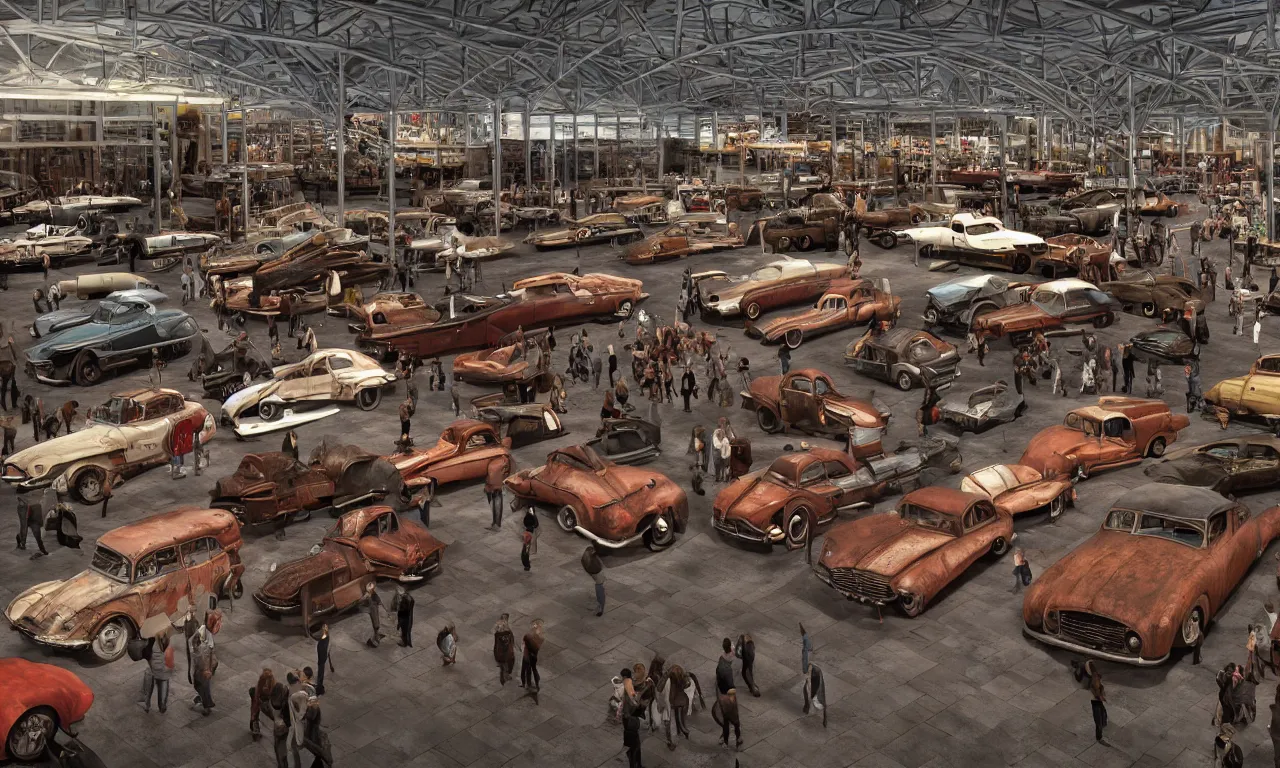 Prompt: exhibition hall full of rusty old restomods cars, plants and observing crowd people, postapo style, high detail, volumetric lighting, from new movie by digital domain and weta digital, strong ambient occlusion