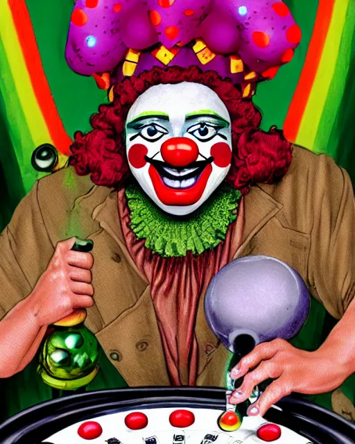 Image similar to Clown Frog King popping champagne at the roulette table, clown frog king wearing clown makeup and rainbow wig, clown crown artwork by Glenn Fabry and Kentaro Miura