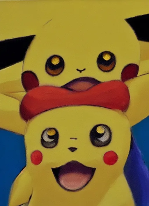Prompt: a professional oil painting of pokemon pikachu smiling