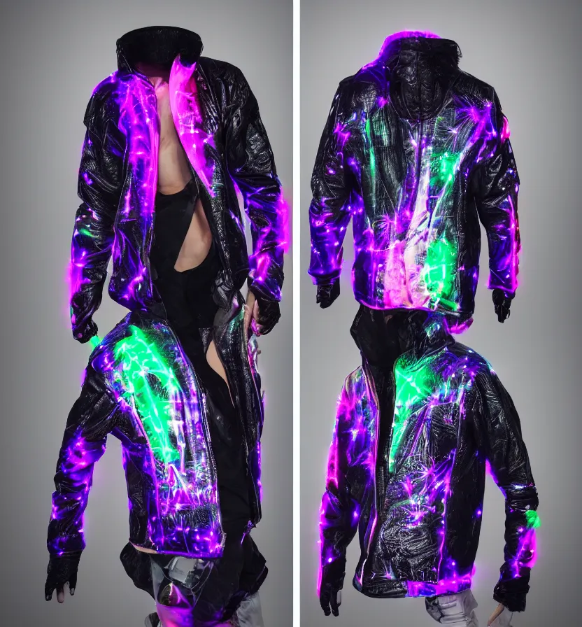 Image similar to autumn season rave jacket with led skin and fluffy lining in the style of cyberdog, futuristic psychedelic hippy, product shot, dark background