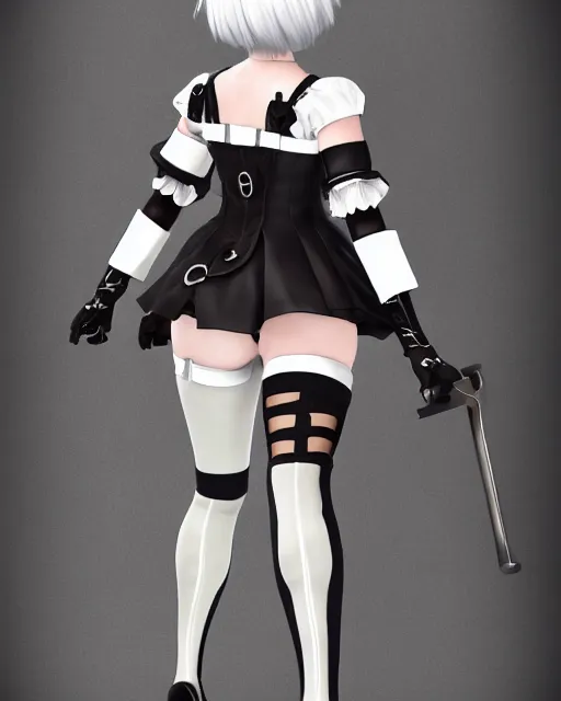 Prompt: 2B from NieR: Automata wearing a maid outfit, mechanical detail, cad, solidworks render