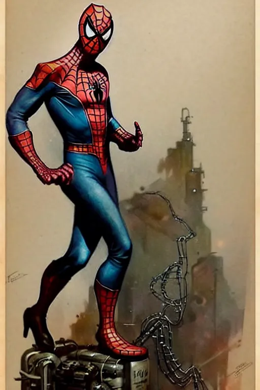 Image similar to ( ( ( ( ( 1 9 5 0 s retro future spiderman adventurer in steampunk costume full portrait. muted colors. ) ) ) ) ) by jean - baptiste monge!!!!!!!!!!!!!!!!!!!!!!!!!!!!!!