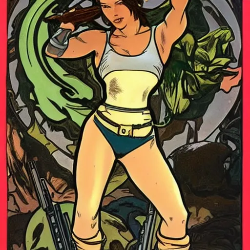 Prompt: lara croft. well composed, clean elegant painting, beautiful detailed face. comic book art by steve ditko and jack kirby and ( alphonse mucha )