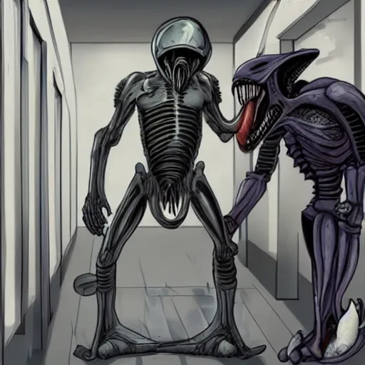 Prompt: xenomorph feeding on crewman in scifi hallway