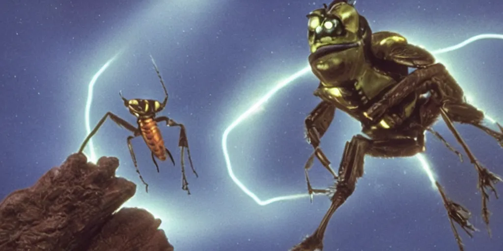 Image similar to lightning bug descendant 1 million in the future is a quadruped with big eyes. the bug wears a spacesuit, and explores the cosmos in a bug - shaped spaceship. science fiction blockbuster movie bugs save the planet or the love bug from saturn, starship troopers ( 1 9 9 7 ), up ( 2 0 0 9 )