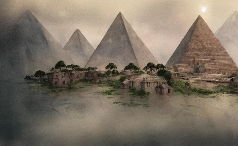 Image similar to a realistic and atmospheric cell - shaded watercolor concept art from howl's moving castle ( 2 0 0 4 ) of a sci - fi city and an egyptian pyramid complex in a flooded rainforest. very dull muted colors, hd, 4 k, hq