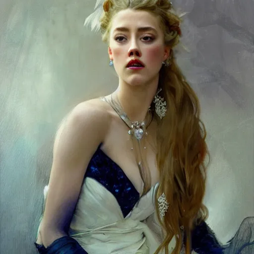 Prompt: hyperrealistic portrait of a woman as amber heard touching neck noir white swan dress wearing sapphire jewellery with long feather collar by jeremy mann and alphonse mucha, fantasy art, photo realistic, dynamic lighting, artstation, poster, volumetric lighting, very detailed faces, 4 k, award winning