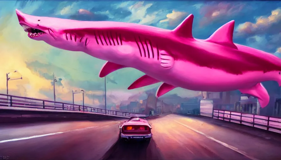 Prompt: an oil painting of a giant pink shark falling out of a blue sky onto cars on a busy bridge, artstation, cinematic lighting