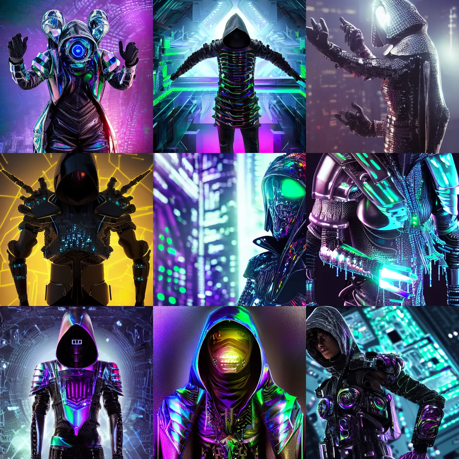 Prompt: Sharp realistic full body render of a dark hooded powerful elite assassin wearing iridescent armor coated in complex circuitry and motherboards and microchips (extremely detailed, iridescent, high quality, epic, futuristic, octane render, beautiful, shimmering, deity, megastructure background)