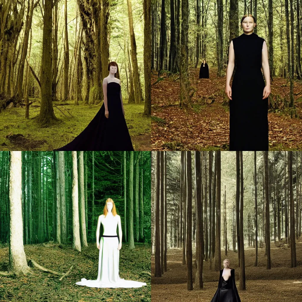 Prompt: photo portrait of a beautiful woman wearing a black gown in a bright forest, by Vanessa Beecroft