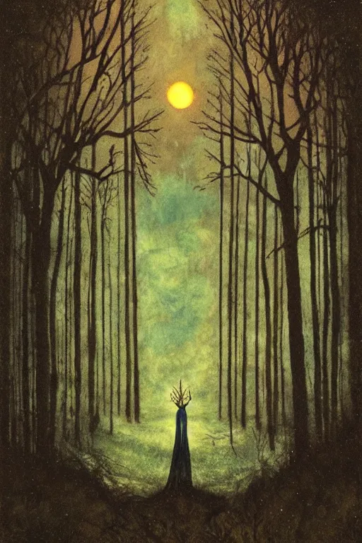 Image similar to tarot card, haunted woods, by andy kehoe