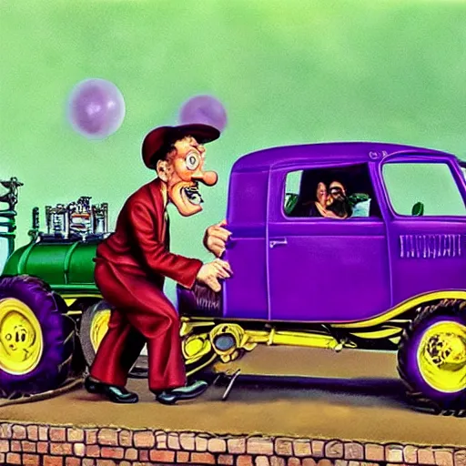 Image similar to beautiful lifelike painting of the chuckle brothers running a purple and green oil derrick, hyperreal detailed facial features and uv lighting, art by ed roth and basil wolverton