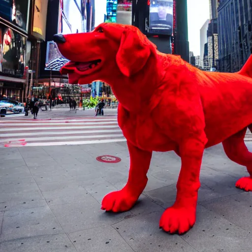 Image similar to a long shot of Clifford a big red dog 25 feet tall photographed in New York City, Times Square avenue barking at random tourists, 4k, detailed