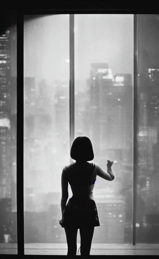 Image similar to portrait back of realistic girl in 7 0's retro club, editorial, fashion, window, realistic, vintage, night, blade runner, dark, clean lines, asian futuristic city in distance, cinematic angle