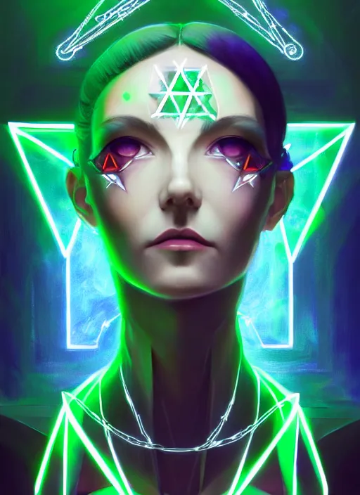 Prompt: portrait of cyberpunk inspired evangelion lady voidstar drawing a pentagram, runes, runic words, ancient evil letters, glowing green, intricate, elegant, glowing lights, highly detailed, digital painting, artstation, concept art, smooth, sharp focus, illustration, art by wlop, mars ravelo and greg rutkowski