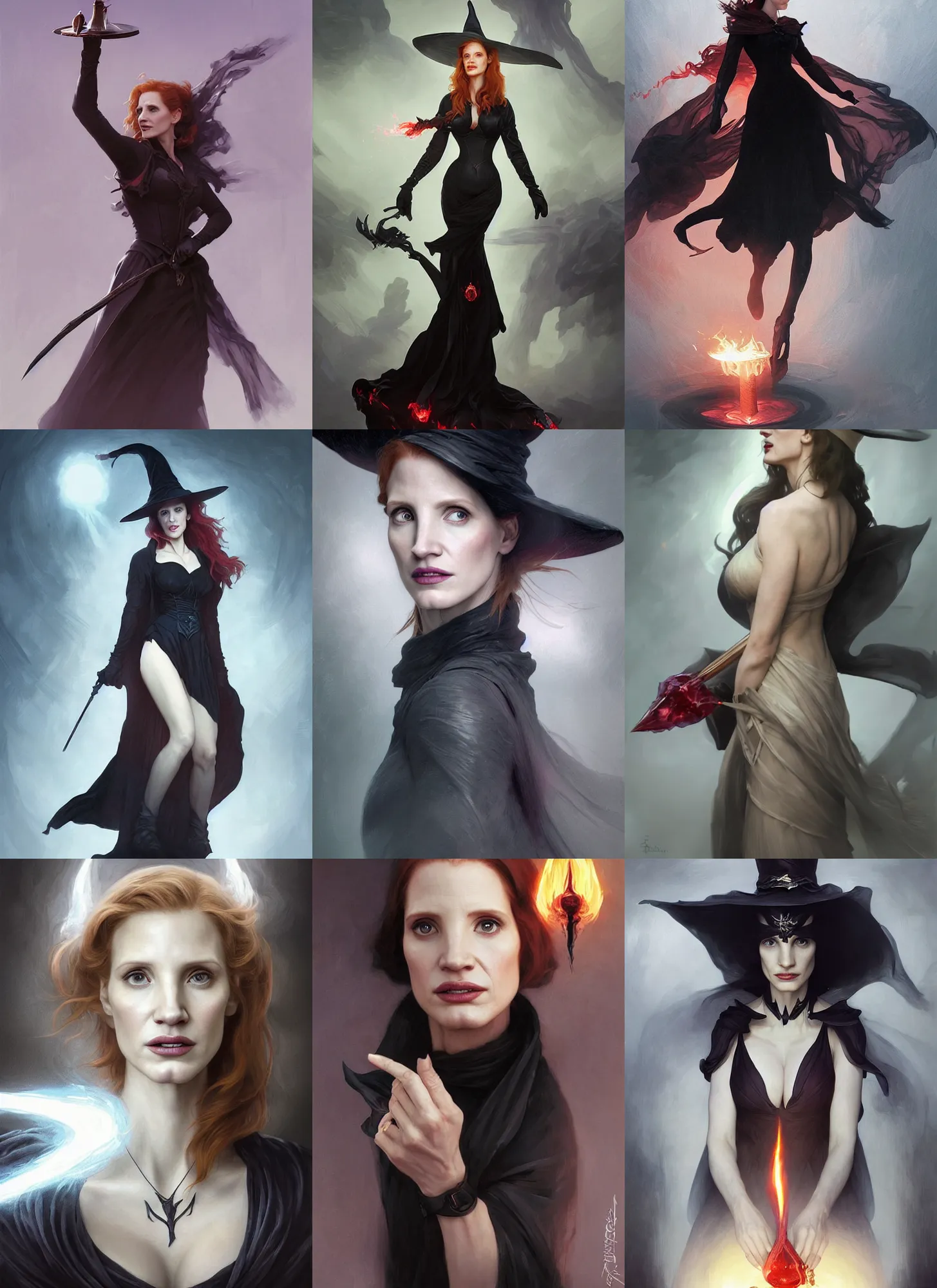 Prompt: character concept portrait of jessica chastain as a witch with a big black pointy hat casting a spell, a floating burning love potion in the center, intricate, elegant, digital painting, concept art, smooth, sharp focus, illustration, from Metal Gear, by Ruan Jia and Mandy Jurgens and William-Adolphe Bouguereau, Artgerm