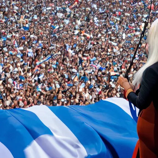 Image similar to Lady Gaga as president, Argentina presidential rally, Argentine flags behind, bokeh, giving a speech, detailed face, Argentina