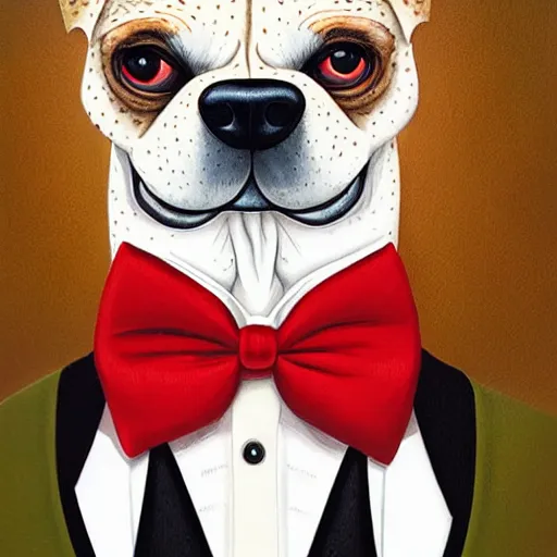 Image similar to portrait illustration of funny dog in the white tuxedo and red tie by jeremiah ketner, quint buchholz, wlop, dan mumford