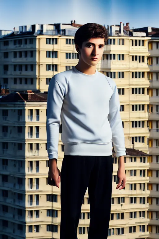 Image similar to un ultra high definition studio quality photographic art portrait of a young man standing on the rooftop of a british apartment building wearing soft padded silver pearlescent clothing. three point light. extremely detailed. golden ratio, ray tracing, volumetric light, shallow depth of field. set dressed.