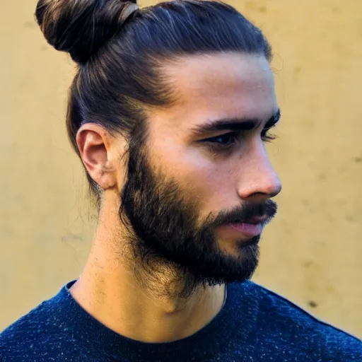 Image similar to a skinny young white male with a dark brown man bun for hair no facial hair. H 704