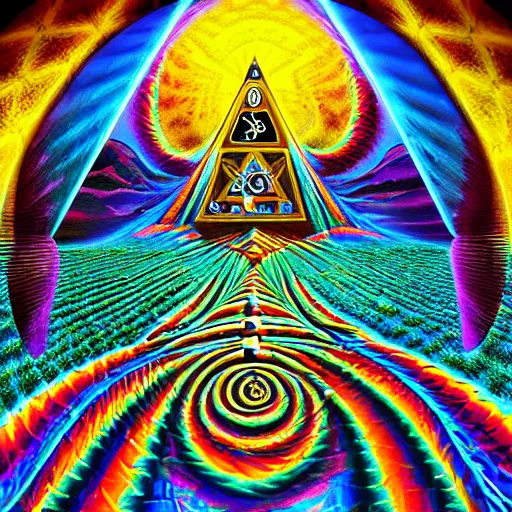 Prompt: Psychedelic Inter-dimensional freemasonic occultic chequered trippy dreamscape in the style of a photo-realistic album cover by Howard Finster, Michael Cheval (unreal engine, 3d highly detailed, 8k, UHD, fantasy, dream, otherworldly, bizzare, spirals, colourful, vivid)