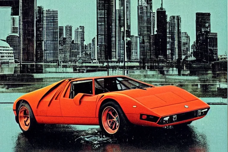 Prompt: 1979 Popular Science Magazine Cover of a single 1965 De Tomaso Pantera, with elements of the F40, Lotus, BMW M1, GT40 and Countach, cyberpunk city, raining, wet and reflective, movie still, cinematic Eastman 5384 film