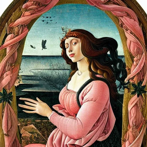 Prompt: an ultradetailed mythological oil painting of a beautiful woman with long brown hair, full body, wearing pink floral chiton, sleeping on a giant scallop shell, near the seashore, intricate lines, elegant, renaissance style, by sandro botticelli