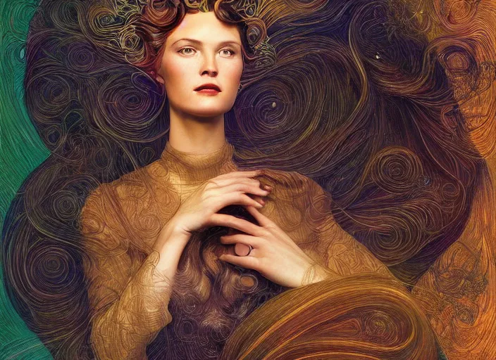 Image similar to portrait of a woman with swirling hair, illustration by James C. Christensen, retrofuturism, reimagined by industrial light and magic