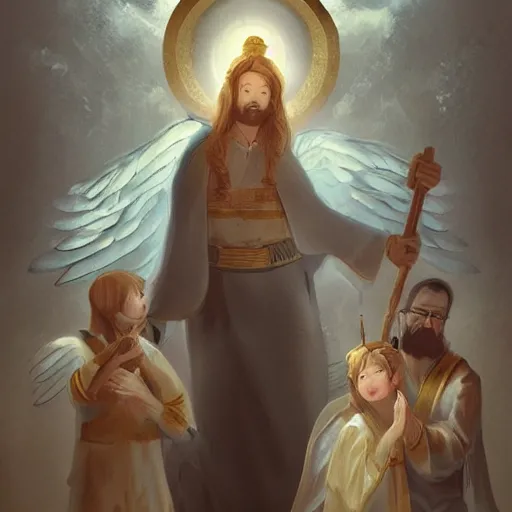 Image similar to angels protecting a praying man, by JeeHyung lee, Trending on artstation, deviantart