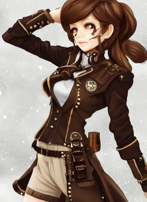 Prompt: girl with steampunk weapons and uniform, serious, intense, finely detailed, made by artgerm, full body portrait, illustration, snow, snowing, cloudy, anime, side view, perfect anime face, realistic face, zoomed out, smooth, brown eyes, high waisted shorts, sharp focus