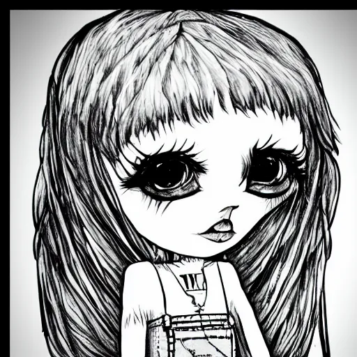 Image similar to Cute emo doll, black line art, in style of Tim Burton