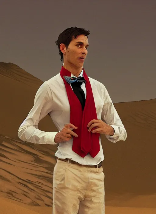 Prompt: Character portrait of a happy furry anthro stoat wearing a white dress shirt, tan vest, red bowtie, and black slacks in the desert wilderness, intricate, elegant, highly detailed, digital painting, artstation, concept art, smooth, sharp focus, illustration, art by Krenz Cushart and Artem Demura and alphonse mucha