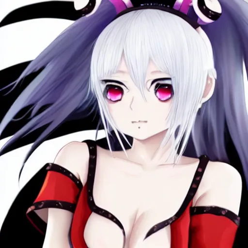 Image similar to white hair, red eyes, two little horn on the head, anime style, anime girl